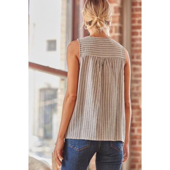 Denim Striped Embroidered Floral Sleeveless Tassel Tie Relaxed Boho Blouse - Picture 4 of 4